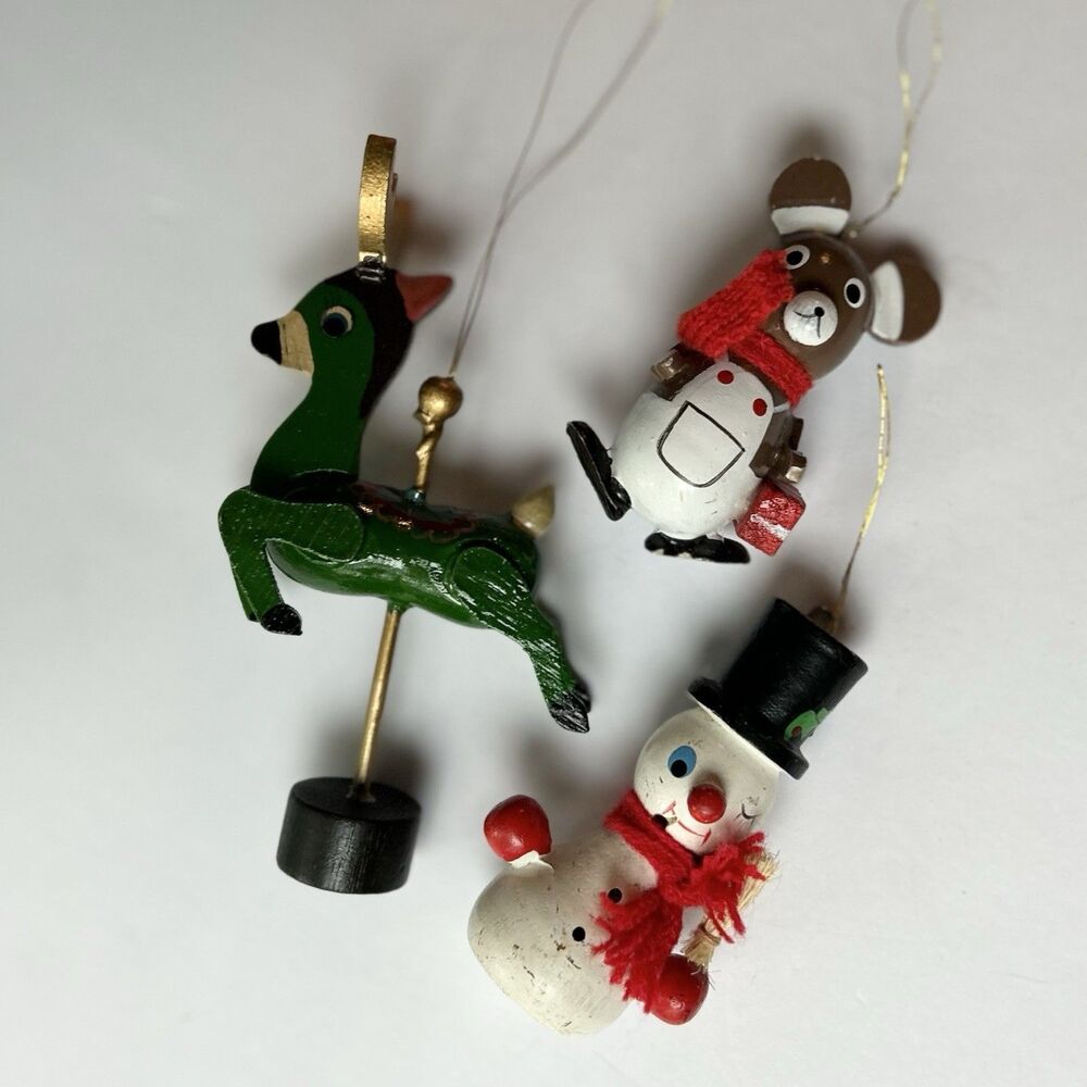 VTG 80s Wooden Christmas Ornament Lot-  3pc, Carousel Reindeer, Mouse & Snowman